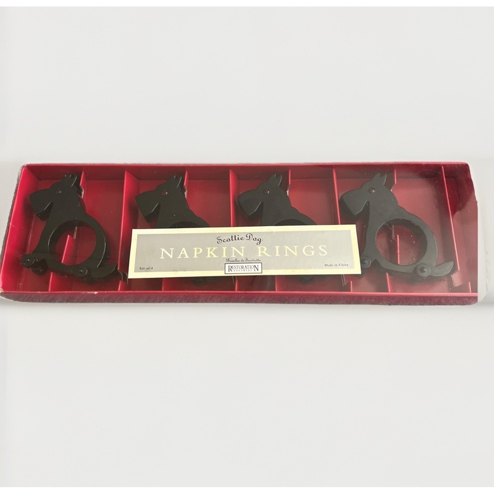 Restoration‎ Hardware Scottie Dog Napkin Rings Set 4 Wheeled Black Original Box